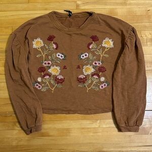 Blu Pepper Embroidered Floral Brown Crop Top | Large